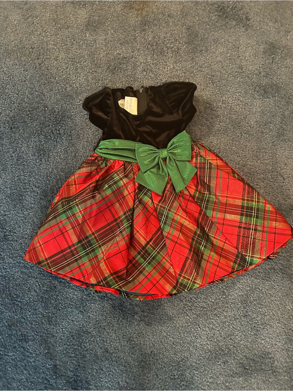 iris & ivy Black Velvet Top Red Plaid Skirt Dress with Green Bow